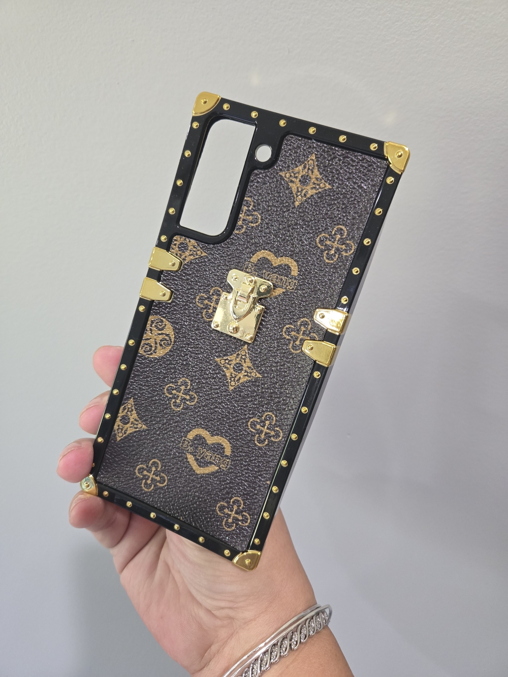 Trunk-Style Phone Case in Brown with Gold Hardware S21plus
